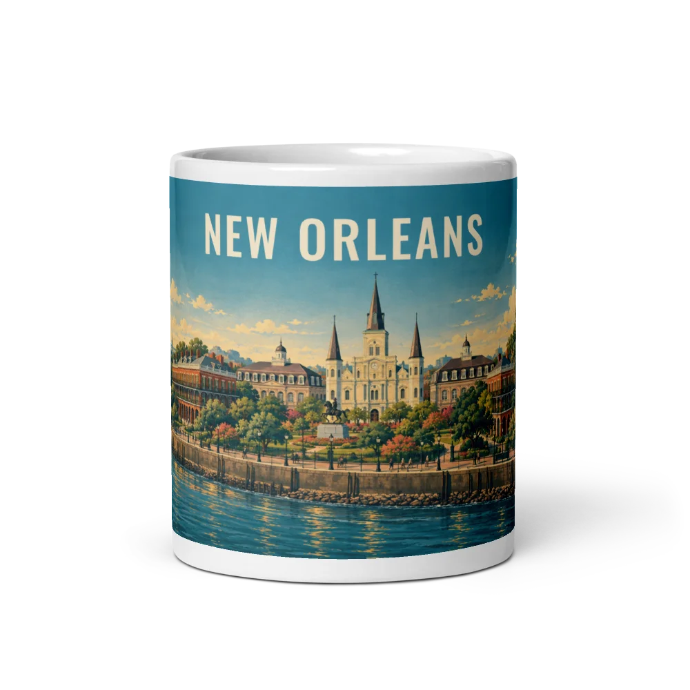 New Orleans travel artwork on a ceramic mug, 11 oz
