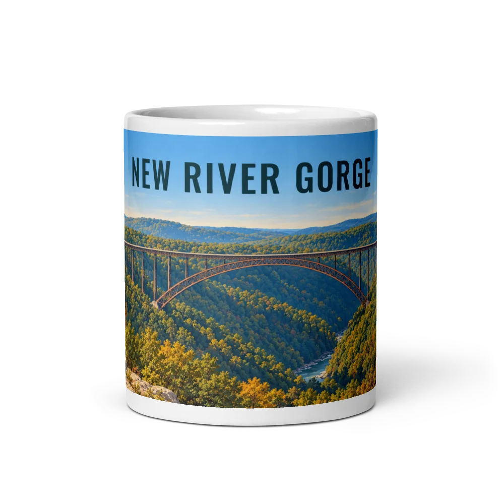 New River Gorge travel artwork on a ceramic mug, 11 oz