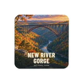 New River Gorge travel artwork on a coaster