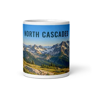 North Cascades travel artwork on a ceramic mug, 11 oz