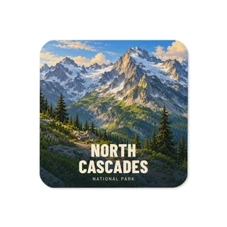 North Cascades travel artwork on a coaster