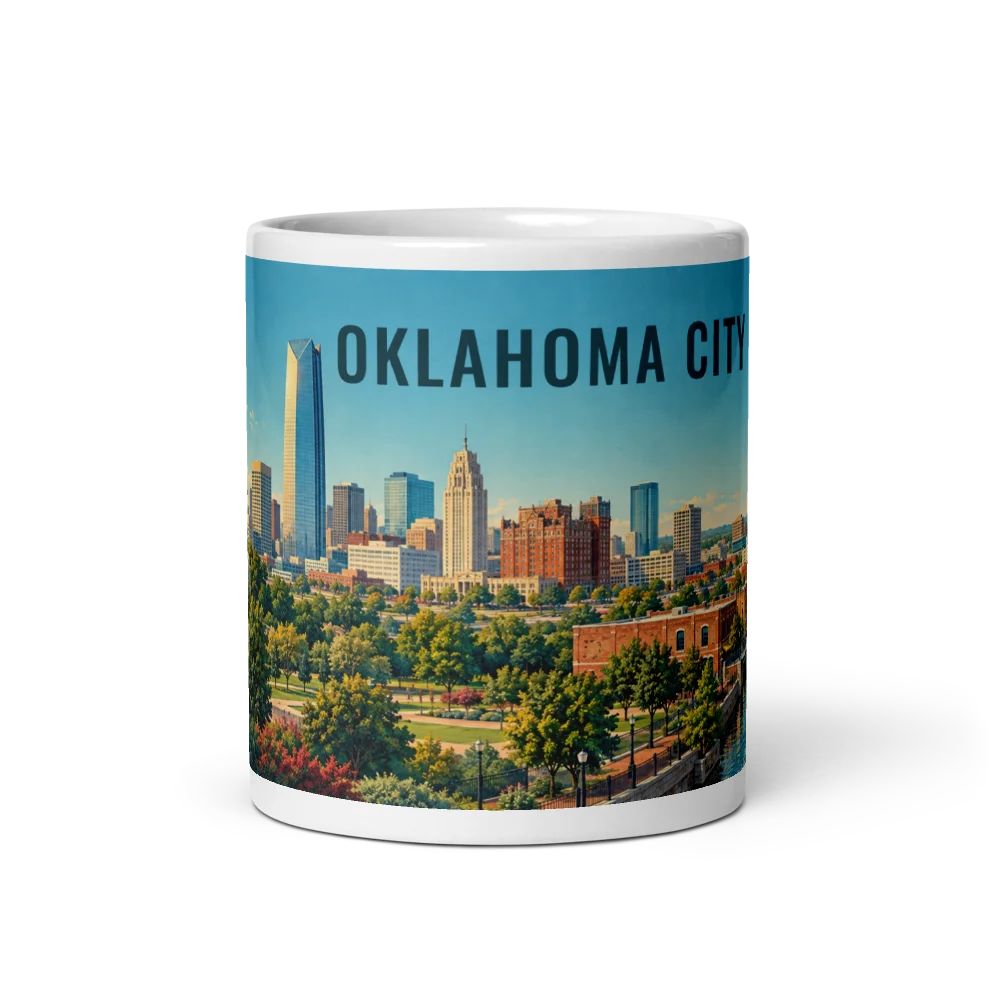 Oklahoma City travel artwork on a ceramic mug, 11 oz