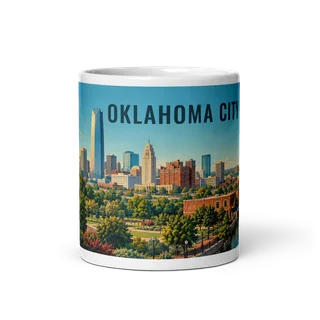 Oklahoma City travel artwork on a ceramic mug, 11 oz