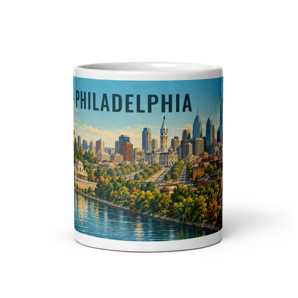 Philadelphia travel artwork on a ceramic mug, 11 oz