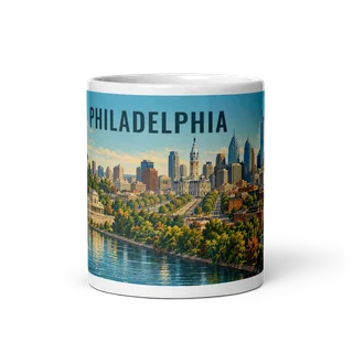 Philadelphia travel artwork on a ceramic mug, 11 oz