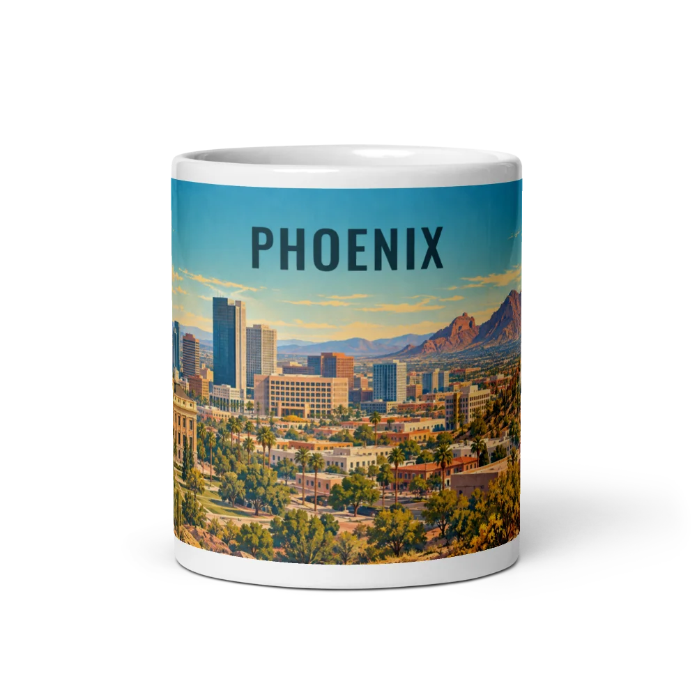 Phoenix travel artwork on a ceramic mug, 11 oz