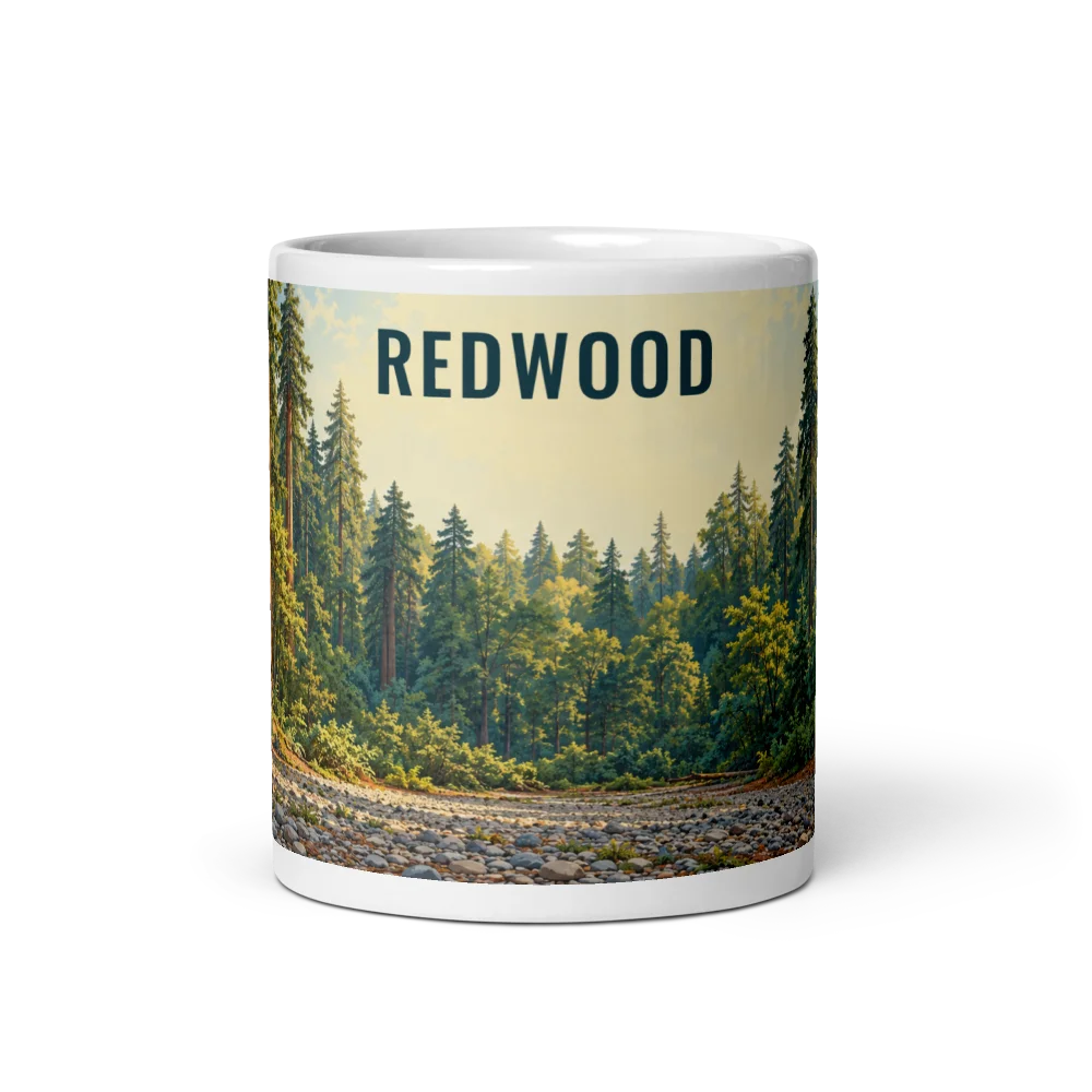 Redwood travel artwork on a ceramic mug, 11 oz