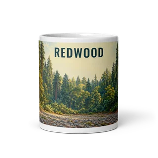 Redwood travel artwork on a ceramic mug, 11 oz