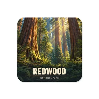 Redwood travel artwork on a coaster