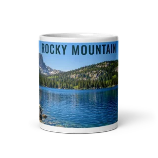 Rocky Mountain travel artwork on a ceramic mug, 11 oz