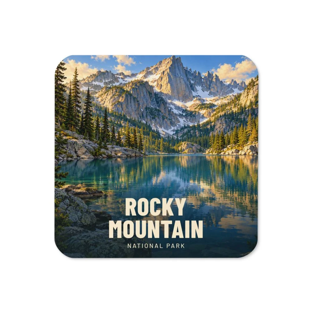 Rocky Mountain travel artwork on a coaster