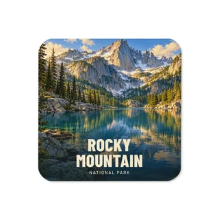 Rocky Mountain travel artwork on a coaster