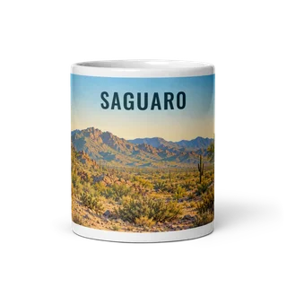Saguaro travel artwork on a ceramic mug, 11 oz