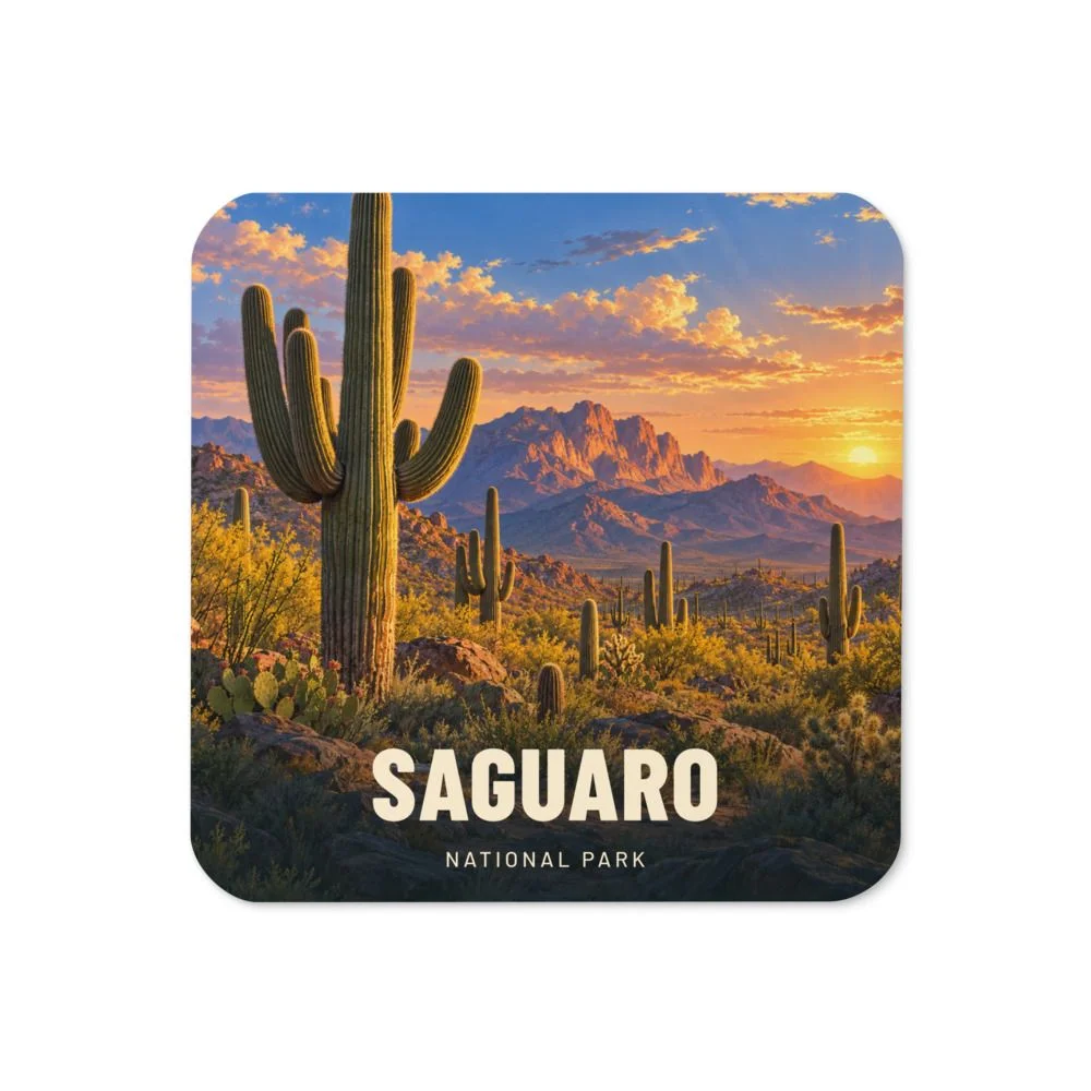 Saguaro travel artwork on a coaster