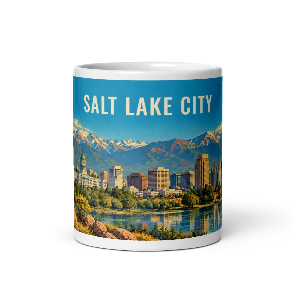 Salt Lake City travel artwork on a ceramic mug, 11 oz