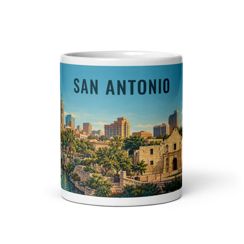 San Antonio travel artwork on a ceramic mug, 11 oz