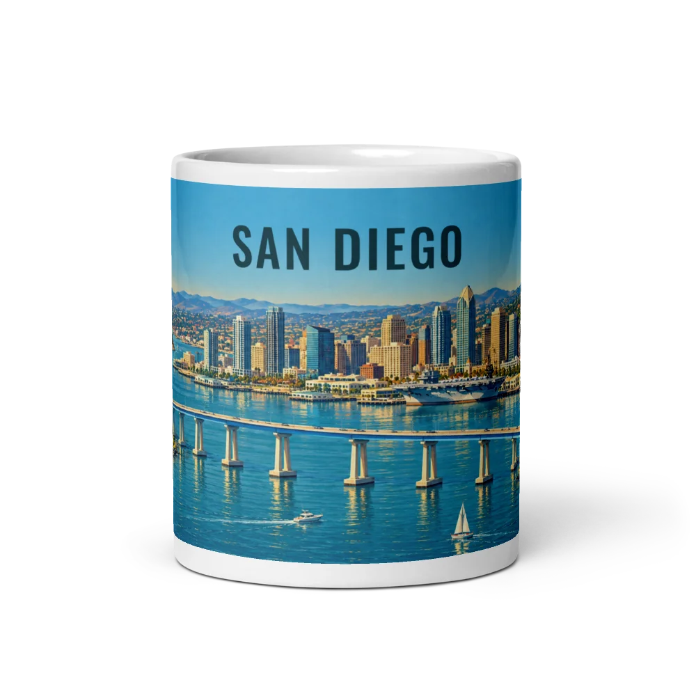 San Diego travel artwork on a ceramic mug, 11 oz