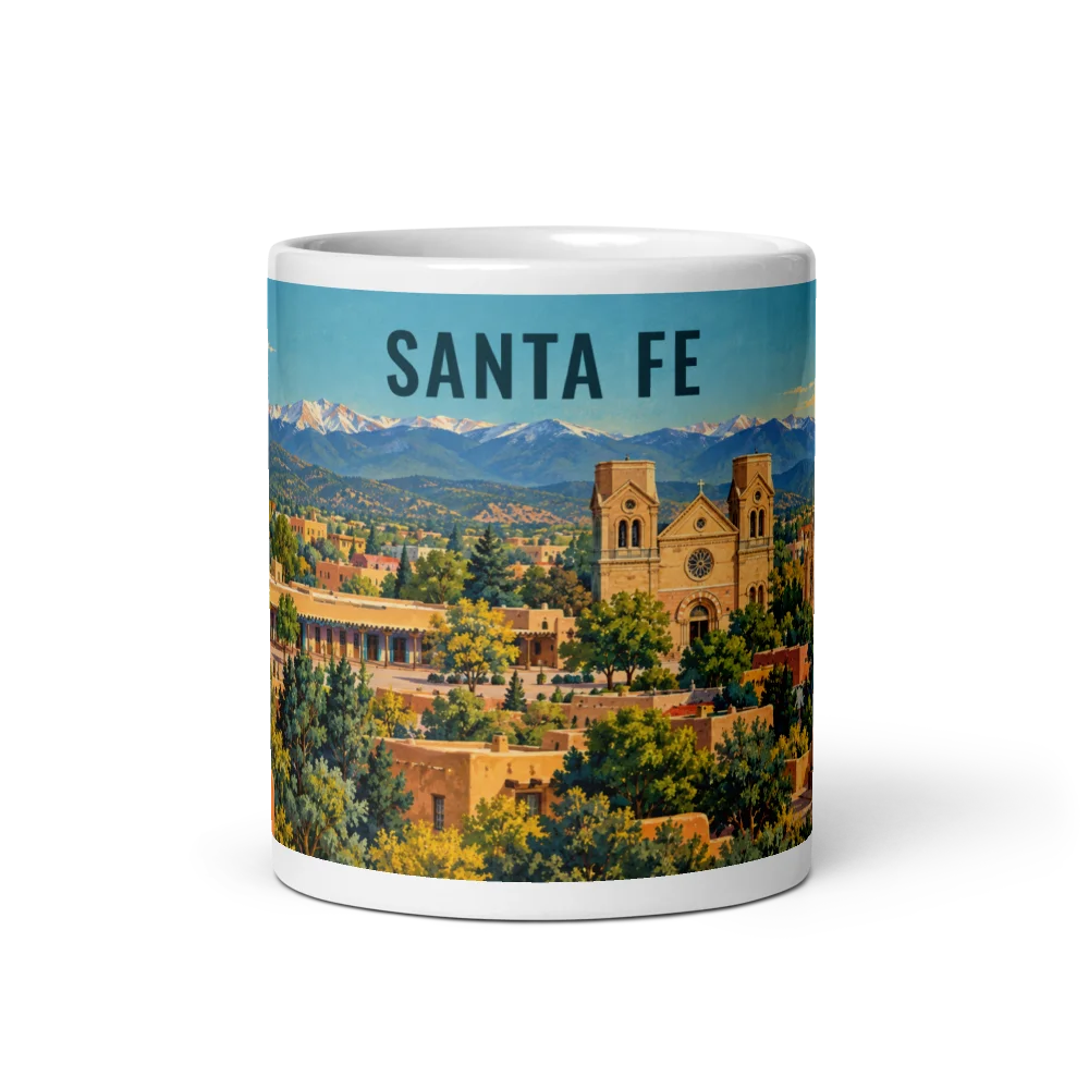Santa Fe travel artwork on a ceramic mug, 11 oz