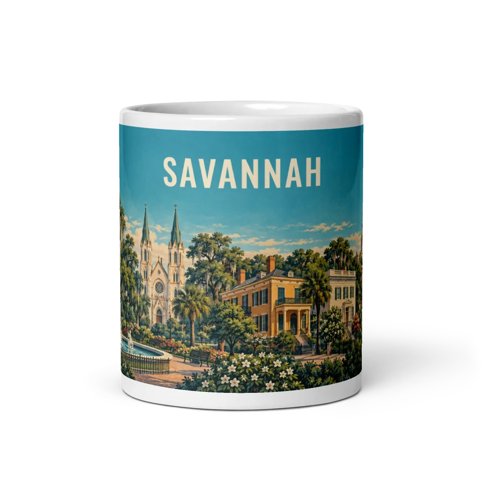 Savannah travel artwork on a ceramic mug, 11 oz