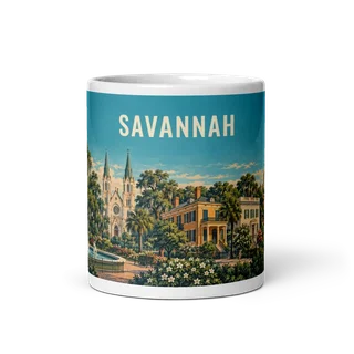 Savannah travel artwork on a ceramic mug, 11 oz