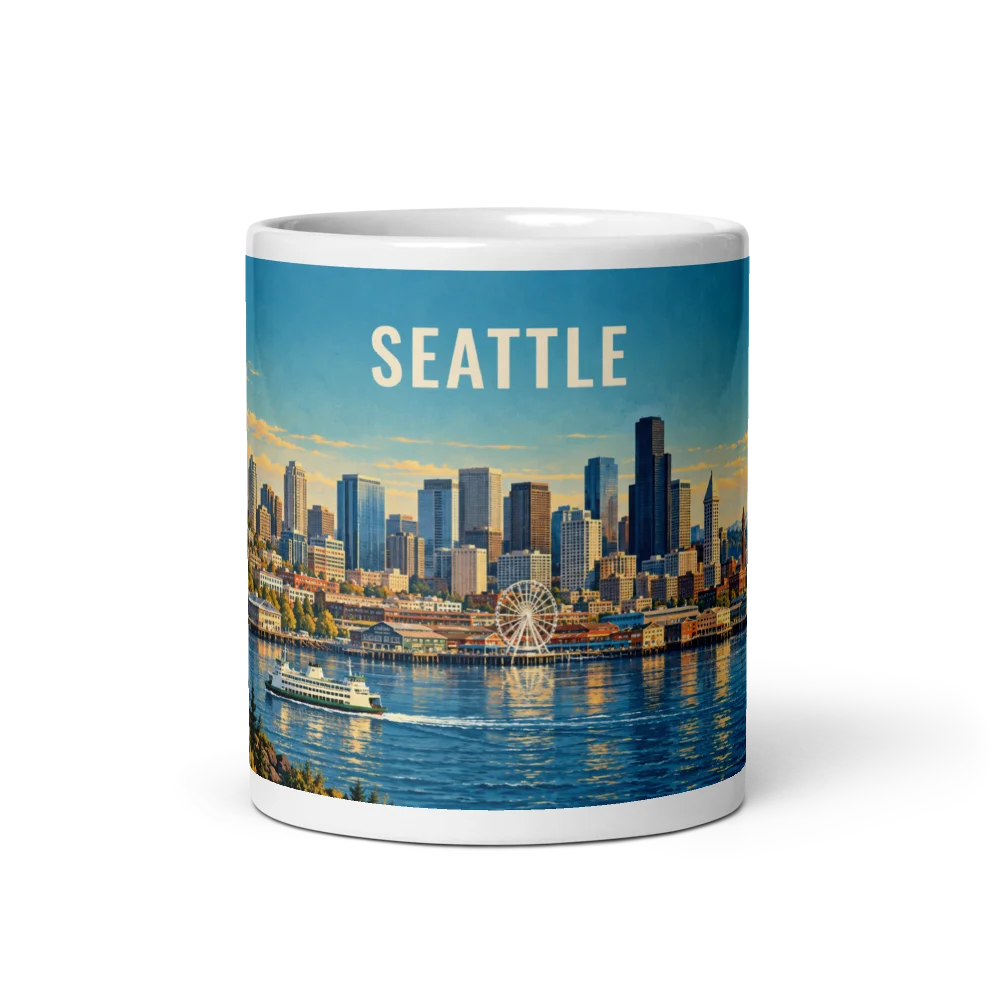 Seattle travel artwork on a ceramic mug, 11 oz