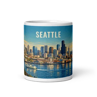 Seattle travel artwork on a ceramic mug, 11 oz
