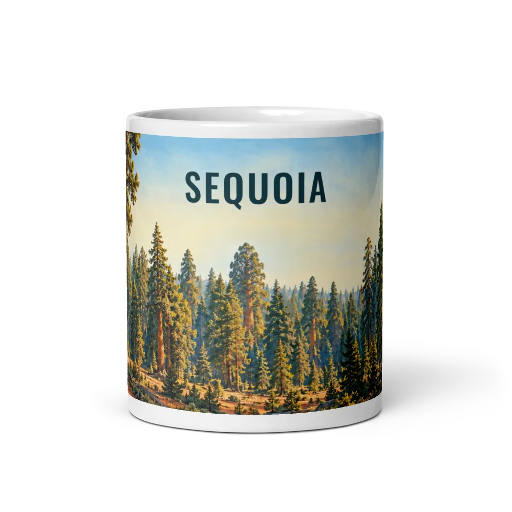 Sequoia travel artwork on a ceramic mug, 11 oz