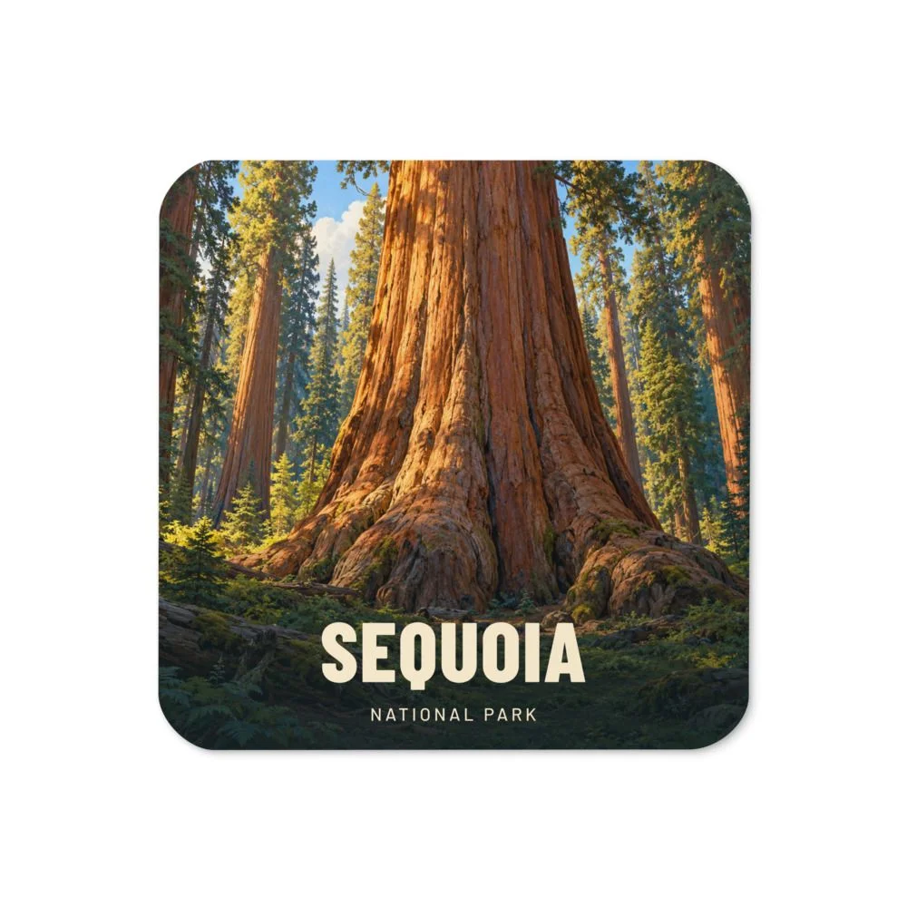 Sequoia travel artwork on a coaster