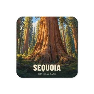 Sequoia travel artwork on a coaster