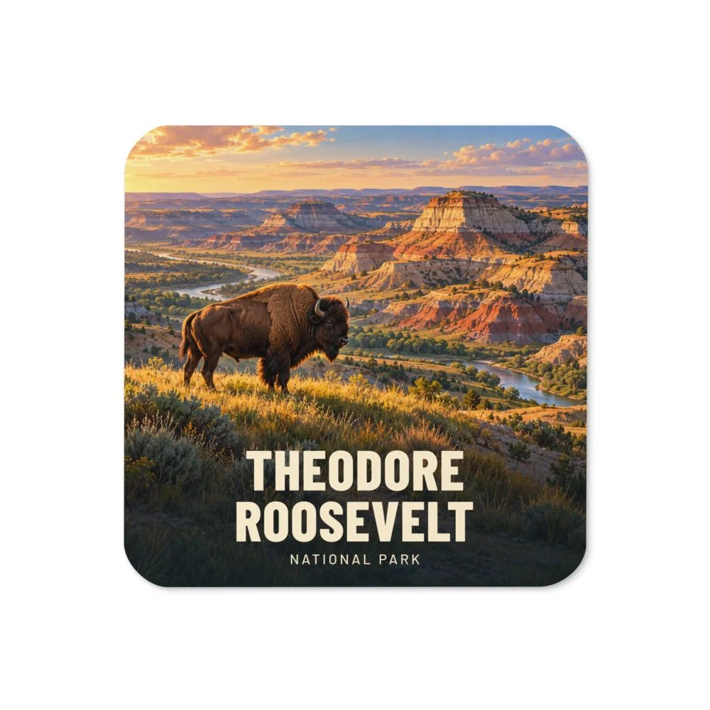 Theodore Roosevelt travel artwork on a coaster