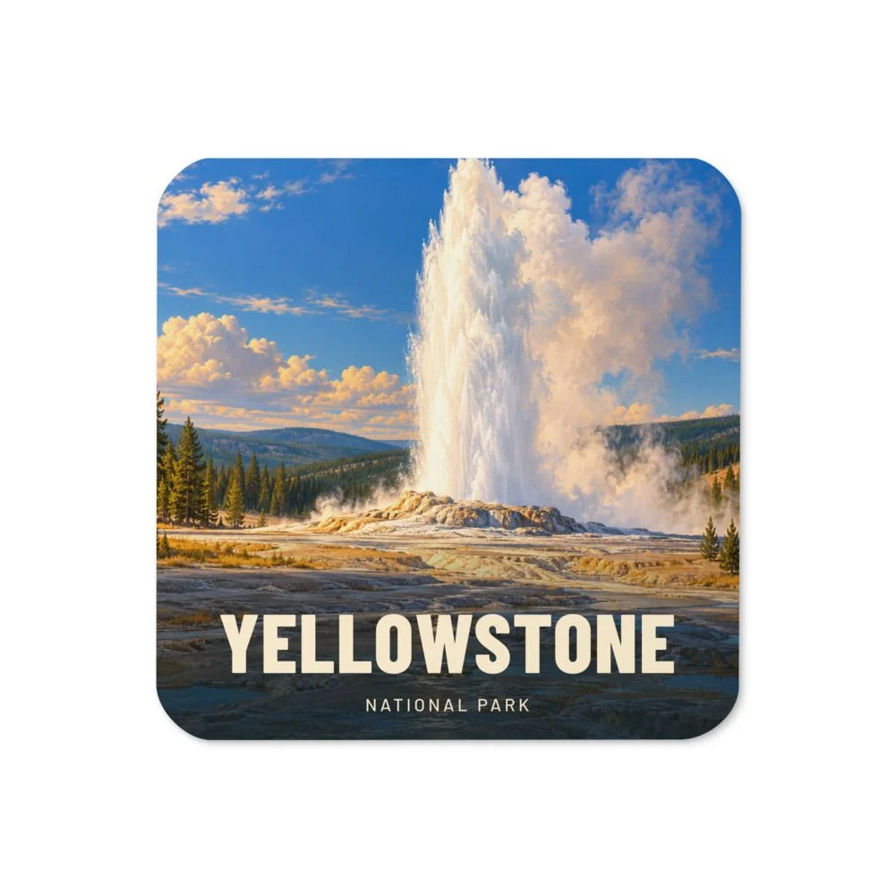 Yellowstone travel artwork on a coaster