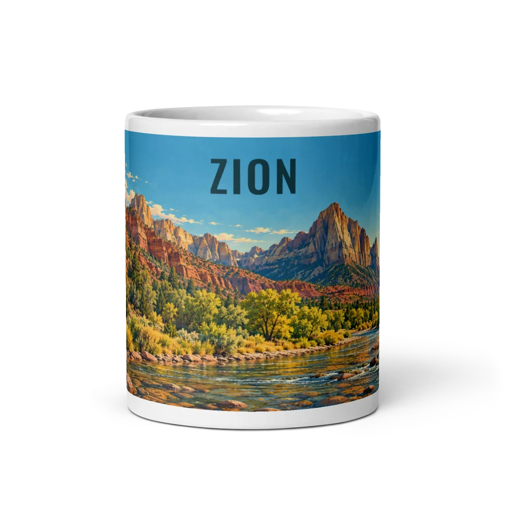 Zion travel artwork on a ceramic mug, 11 oz