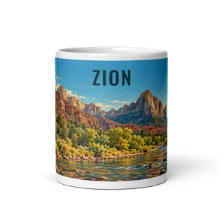 Zion travel artwork on a ceramic mug, 11 oz